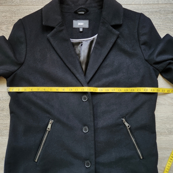 DKNY Black Wool Coat Womens Xl Long Zipper Pockets Button - Picture 14 of 14